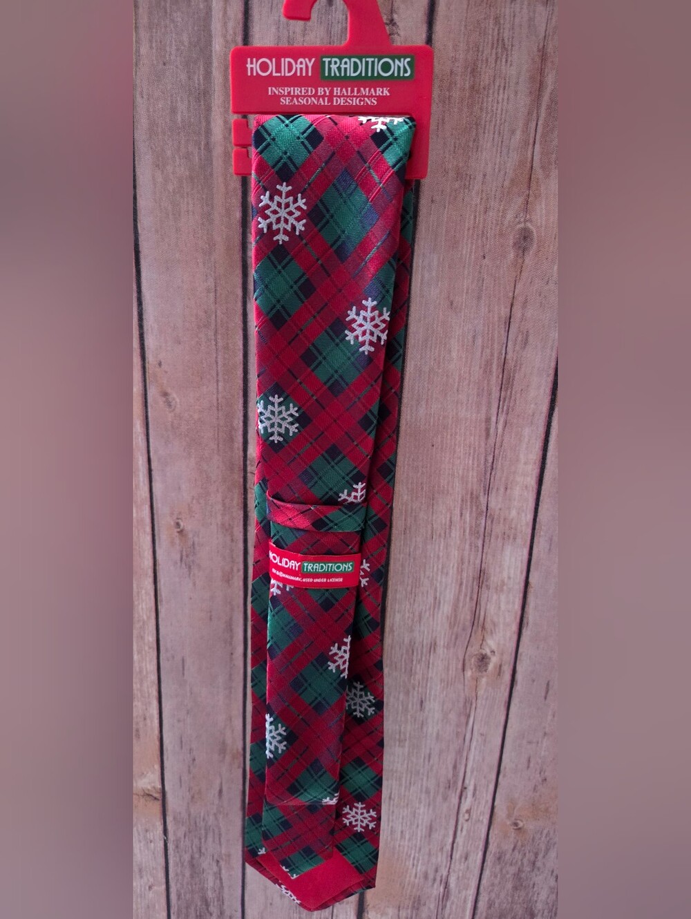 Hallmark Red & Green Plaid Tie with Snowflakes NWT